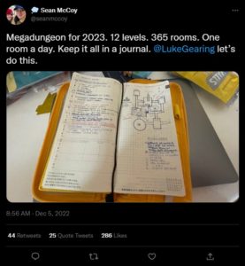 Twitter post from Sean McCoy showing their journal in which they will be doing their megadungeon.